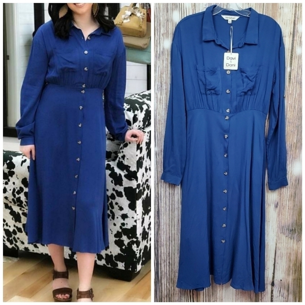 𝅺Davi & Dani Blue Button Front Midi Dress